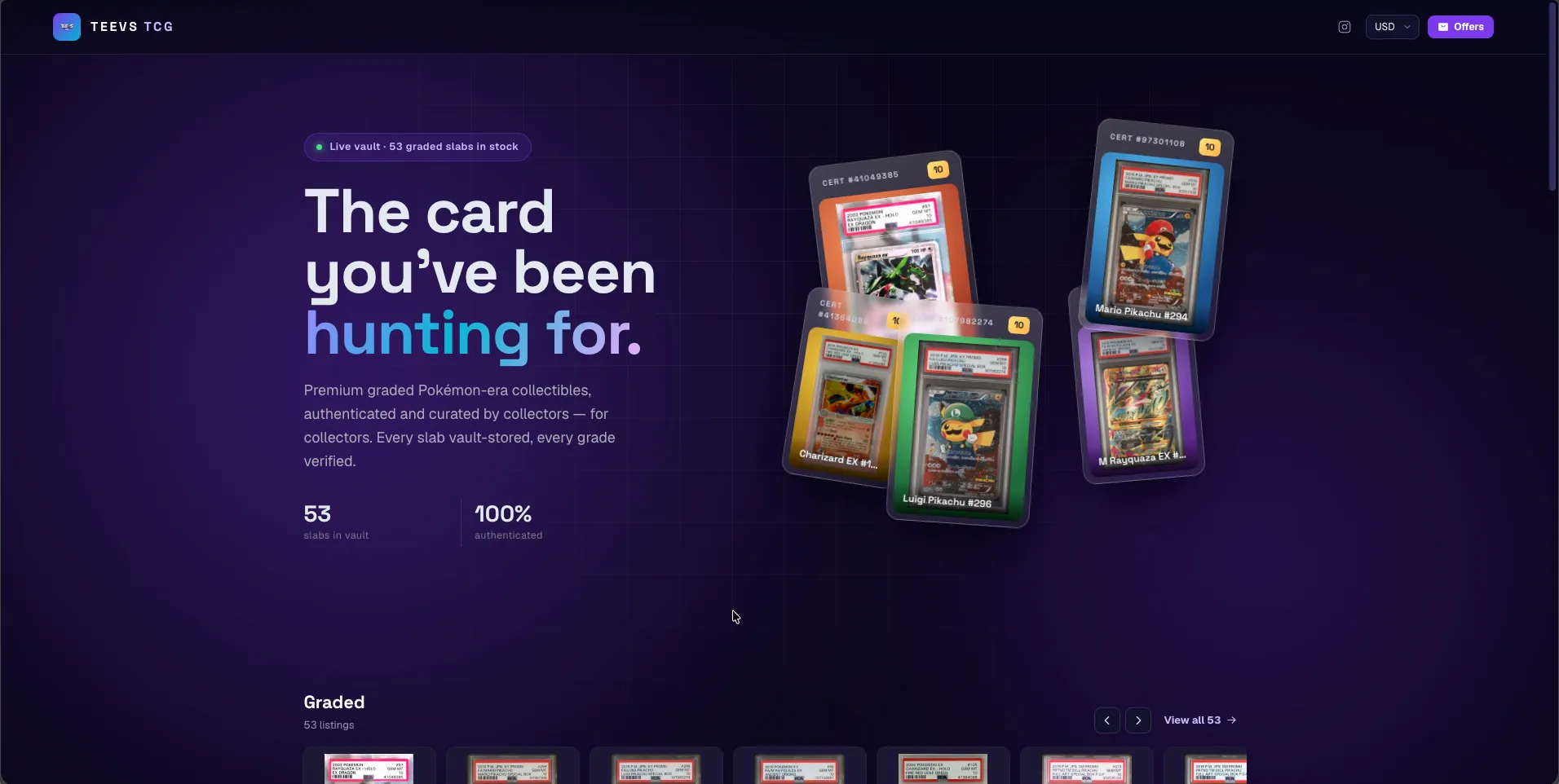 The TEEVS storefront in a browser: a dark landing page reading "The card you’ve been hunting for", a live vault count, and a fanned spread of graded trading cards.