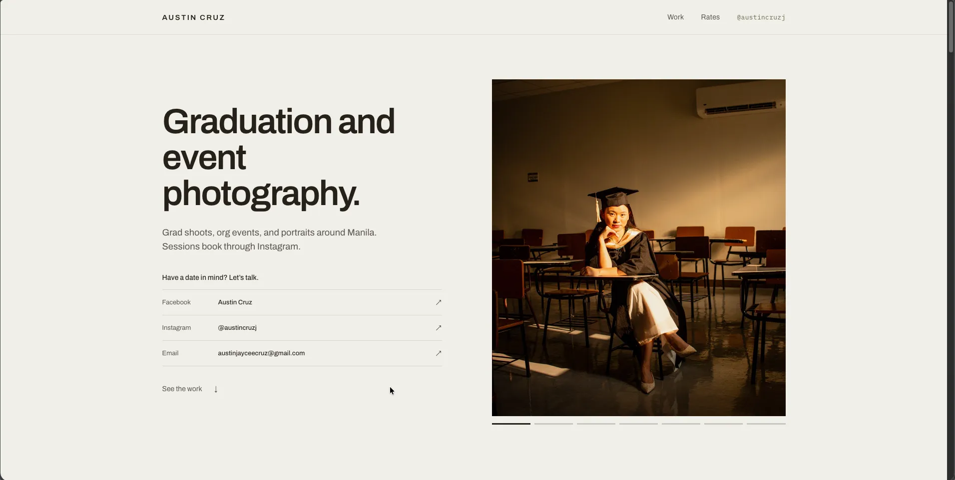 The Austin Cruz photography site in a browser: the headline "Graduation and event photography" beside a portrait of a graduate seated in a classroom, with booking contacts listed underneath.